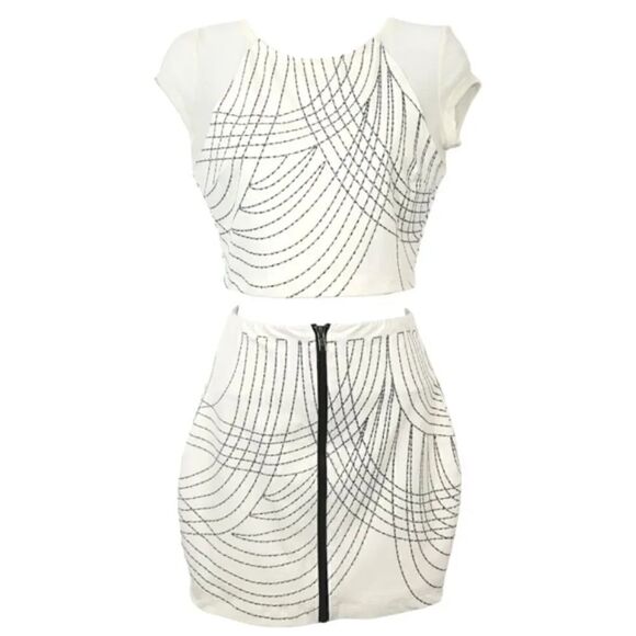 NEW Bebe 2 PC Mesh Glitter Strech Bodycon Top and Skirt in Off White/Ivory XS - Picture 8 of 13